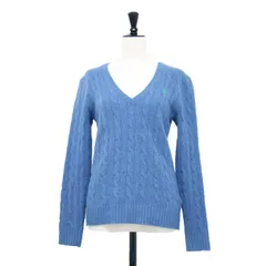POLO Ralph Lauren ポロ ラルフローレン ニット ブルー サイズ:S | ポニー刺繍 ケーブル ニット / プルオーバー | 長袖 Vネック コンパクト ロゴ ハイゲージ ウール カシミヤ | トップス セーター【レディース】【中古】