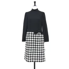 【新品】MS GRACY エムズグレイシー ワンピース ブラック ホワイト 黒白 サイズ:36(S) | 24秋冬 ニット 千鳥柄 コンビワンピース / ドレス | 長袖 ハイネック Aライン 膝丈 フレア ウール | 日本製 トップス【レディース】
