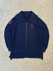 レディース L POLO RALPH LAUREN ポロラルフローレン ビックポニー ロゴ ハイネック ジップアップ ジャケット ネイビー ピンク
