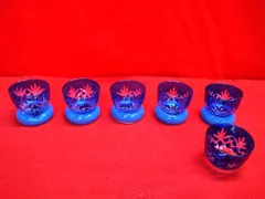 民芸品 切子・盃セット 冷酒グラス おちょこ置付き 6客セット 中古品 箱入り ※おちょこ置が、1ケ無し！ P515