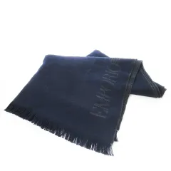 エンポリオアルマーニ EMPORIO ARMANI マフラー ストール タッセル ウール インターシャ ロゴ ブランドネーム 紺 ネイビー /CK25のサムネイル