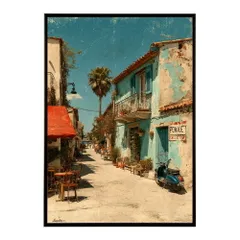 【A4サイズ（約21x30cm）】【lm-poster-1260】【フレーム付き】地中海 ポスター 南欧風 海 青い街並み アートプリント インテリア 壁掛け 北欧 リゾート風 リビング 玄関 寝室 カフェ インテリア