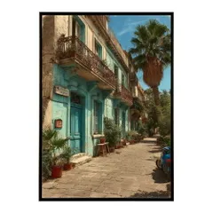 【A4サイズ（約21x30cm）】【lm-poster-1288】【フレーム付き】地中海 ポスター 南欧風 海 青い街並み アートプリント インテリア 壁掛け 北欧 リゾート風 リビング 玄関 寝室 カフェ インテリア