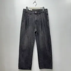 メンズ ダブルタック ワイド デニムパンツ ジーンズ ツータック 春/秋 グレー ウォッシュ