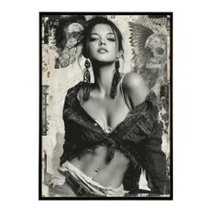 【B2サイズ（約51x73cm）】【lm-poster-1471】【フレーム付き】白黒 ポスター 女性 グランジ風 モノクロ アート インテリア 壁掛け 北欧 モダン リビング 寝室 カフェ風 アートプリント インテリア