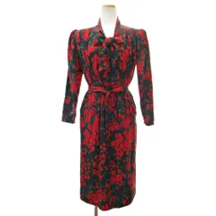 エマニュエル ウンガロ Emanuel Ungaro  ヴィンテージ シルク 総柄 ワンピース ロング 花柄 ボウタイ リボンベルト 7 黒 赤 1125 IBO84