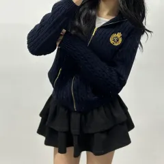 ポロラルフローレン ネイビー RL 月桂樹ロゴ ケーブル ガールズ ニット ジップアップ (L)
