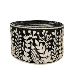 インド刺繍リボン60cm切り売り フラワー ホワイト ブラック 7.0cm幅 花 HC R-0818