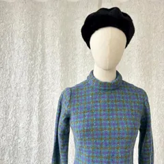 60s?70s ヨーロッパ古着 チェック柄 ウール混 ミニ丈 長袖 ワンピース ブルー系 レトロ ビンテージ