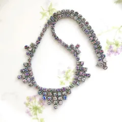 ヴィンテージ　Unsigned Beauty　シルバートーン　アイリスガラス　ラインストーン　ネックレス