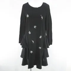 チェスティ Chesty 長袖 膝丈 フレアワンピース ワンピース ティアード 1 黒系 ブラック ストレッチ ビジュー 切替