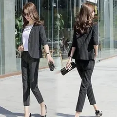 スーツレディース ストライプ パンツ＋ジャケット 通勤 フォーマル カジュアル スーツ サイズXL