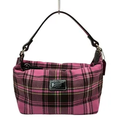 COACH(コーチ) ハンドバッグ - ピンク×黒×イエローグリーン チェック柄 ウール、レザー