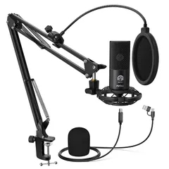 FIFINE USBマイクセット コンデンサーマイク ゲーミングマイク 単一指向性 アームスタンド付き（三脚スタンドなし） ポップガード付き 配信用マイク ABタイプ USBケーブル PC用 Skype 録音 ゲーミング ライブ配信 ゲーム実況 在宅勤務  1