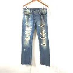 ディーゼル DIESEL パンツ デニム ジーンズ クラッシュ加工 ダメージ 綿100％ 牛革ラベル イタリア製 ブルー系 30サイズ 968211