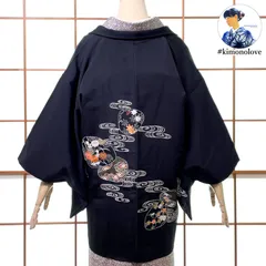 羽織 絵羽織 正絹 手刺繍 金彩 貝合わせ文 草花 古典柄 ブラック 羽織紐付き 着物 kimonolove【リユース品 一点物 オゾン消臭サービス】A-2615