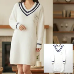 もっちりあたたかい◎【GELATO PIQUE】ジェラート ピケ ルームウェア ワンピース パジャマ  部屋着 もこもこ Vネック 長袖  膝丈 伸縮性 くつろぎ カジュアル カレッジ イニシャル P ワッペン レディース サイズ F /M39287ja