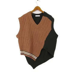 デラダ DELADA  アシンメトリー ニット ベスト セーター カシミヤ ウール ケーブル 畔編み ニット ドッキング S キャメルブラウン ダークカーキ 美品