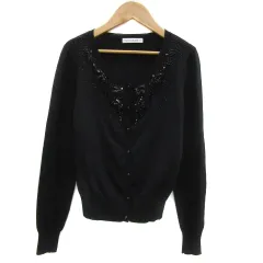 エムプルミエ ブラック M-Premier BLACK ニットカーディガン ミドル丈 ラウンドネック 無地 ビジュー 36 S 黒 ブラック /YS33