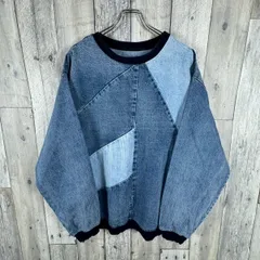 ZARA ザラ デニム パッチワーク ダメージ加工 リンガーネック プルオーバー  トレーナー メンズ US L サイズ