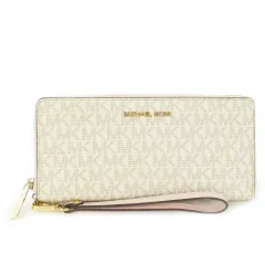 マイケルコース MICHAEL KORS 長財布 ロングウォレット 小銭入れあり ラウンド PVC レザー 革 ストラップ付き ロゴ MK柄 白 アイボリー /CK32 ■GY18