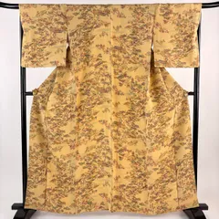小紋 身丈162.5cm 裄丈68.5cm L 袷 建物 樹木 黄土色 正絹 優品 【中古】