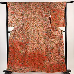 【美品】 付下げ 身丈160cm 裄丈65.5cm M 袷 草花 鳥 ぼかし ピンク 正絹 優品 【中古】