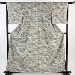 【美品】 小紋 身丈159.5cm 裄丈66.5cm M 袷 街風景 人物 金彩 青灰色 正絹 優品 【中古】