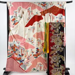 振袖 身丈166cm 裄丈67cm M 袷 袋帯フルセット 鴛鴦 草花 金糸 金彩 クリーム 正絹 秀品 【中古】