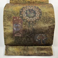 【美品】 袋帯 秀品 鳥 草花 螺鈿箔 箔 金色 お太鼓柄 正絹 【中古】