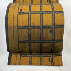 【美品】 袋帯 秀品 格子 幾何学模様 金糸 山吹茶色 全通 正絹 【中古】