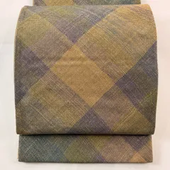 袋帯 秀品 斜め格子 金糸 よもぎ色 全通 正絹 【中古】