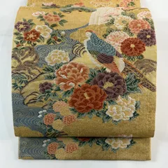 【美品】 袋帯 秀品 花鳥 松竹梅 唐織 箔 金色 六通 正絹 【中古】