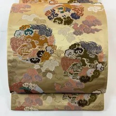 【美品】 袋帯 秀品 唐獅子 鳥 箔 唐織 ベージュ 六通 正絹 【中古】
