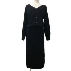 コラージュ ガリャルダガランテ COLLAGE GALLARDAGALANTE ワンピース ニット プルオーバー Iライン Vネック タイト ロング 切替 リブ 無地 F 黒 ブラック