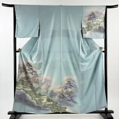 【美品】 付下げ 身丈159cm 裄丈64cm M 袷 建物 樹木 銀彩 絞り 水色 正絹 秀品 【中古】
