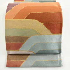 袋帯 名品 幾何学模様 箔 赤茶 六通 正絹 【中古】