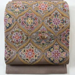 【美品】 袋帯 逸品 紬地 華文 向かい鳥 相良刺繍 金糸 灰茶 お太鼓柄 正絹 【中古】