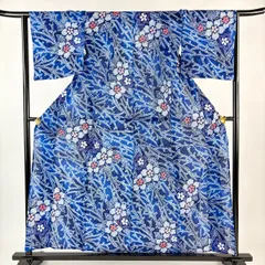 浴衣 身丈159.5cm 裄丈65cm M 絞り浴衣 草花 青 綿 名品 【中古】
