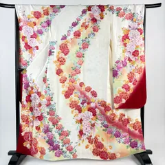 振袖 身丈163cm 裄丈66.5cm M 袷 花束 牡丹 箔 刺繍 クリーム 正絹 名品 【中古】