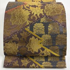 美品】 袋帯 秀品 花鳥 松竹梅 唐織 箔 金色 六通 正絹 【中古