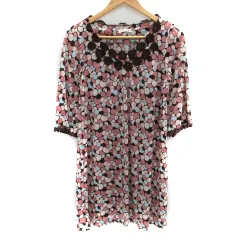 エニィファム anyFam ワンピース ミニ丈 七分袖 ラウンドネック 総柄 レース 2 マルチカラー ピンク 茶 ブラウン /SM36 ■MO