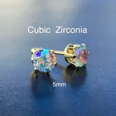 112、サージカルステンレスポストピアス、キュービックジルコニア、オーロラ、5mm、ゴールド、ハンドメイド