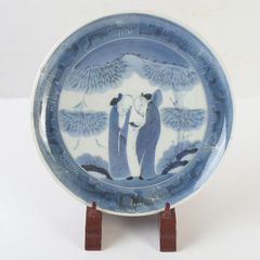 青い釉薬の牛と農夫の陶器皿 - メルカリ