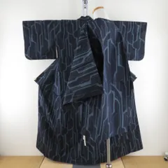 紬 着物 アンサンブル 道行付き セット 幾何学模様 袷 バチ衿 紺色ｘ青色 正絹 カジュアル 仕立て上がり 身丈157cm