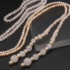 J543 ローズクォーツ 淡水真珠 パール ラリエット ネックレス ピンク系カラー デザイン 6月誕生石