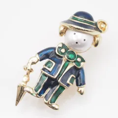 J944 SFJ ブローチ ネイビー グリーンエナメル 傘チャーム ゴールド デザイン コスチュームジュエリー