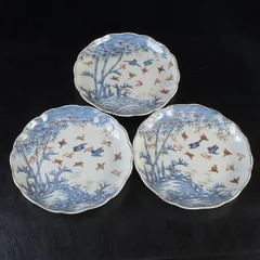 伊万里焼　染錦　竹鳥文　輪花皿　角福銘　三点　N　S476