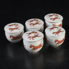 九谷焼　赤絵金彩　双馬文　蓋付煎茶碗　蓋碗　五客　C　S477