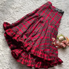 jouetie  ジュエティ　極美品　クレイジーパターンフリルスカート　タータンチェック　アシンメトリー　ロング　フレア　ベルト　赤　38 近年モデル